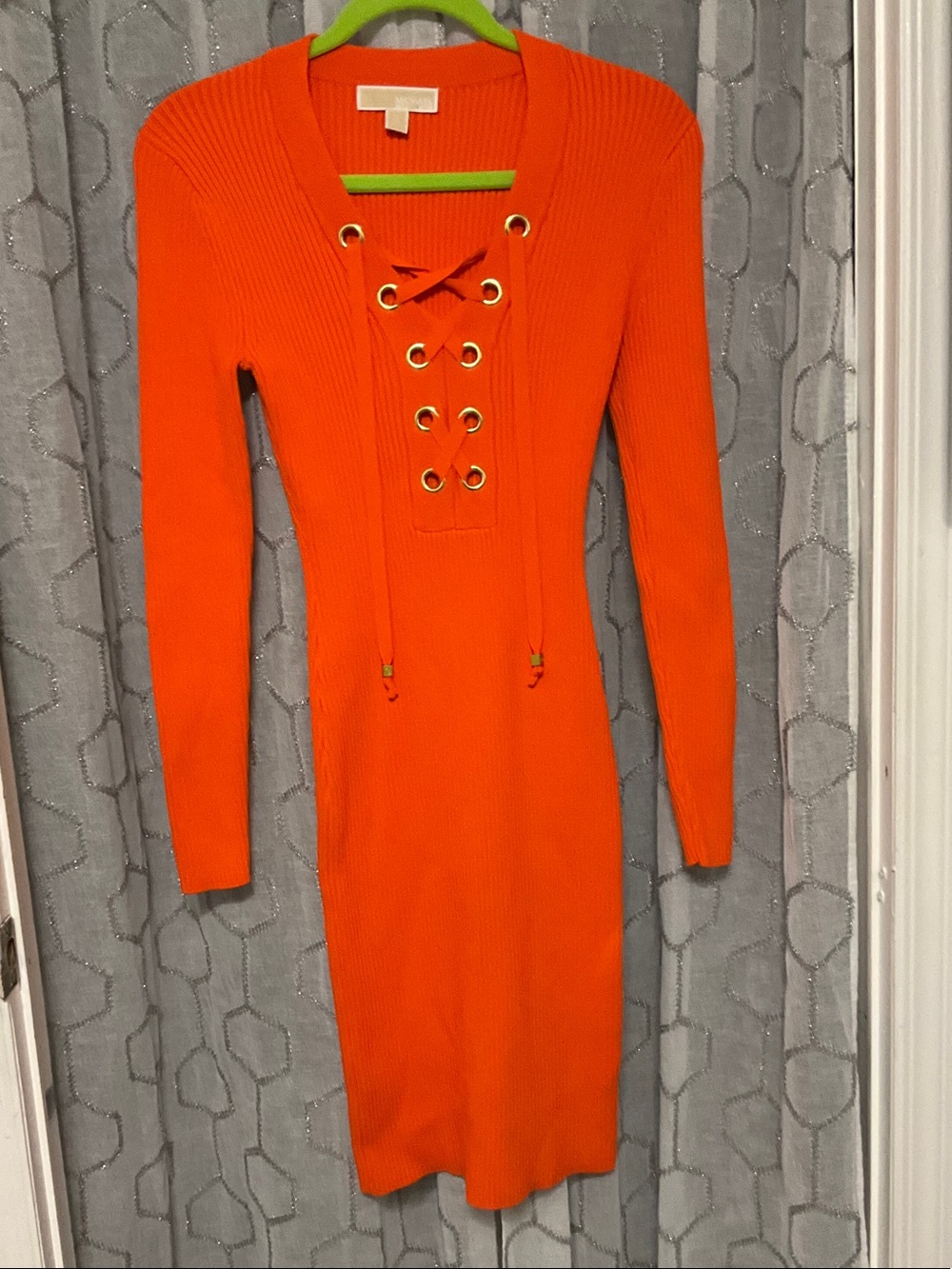 Michael Kors Ribbed Lace-Up Long Sleeve Dress - Orange